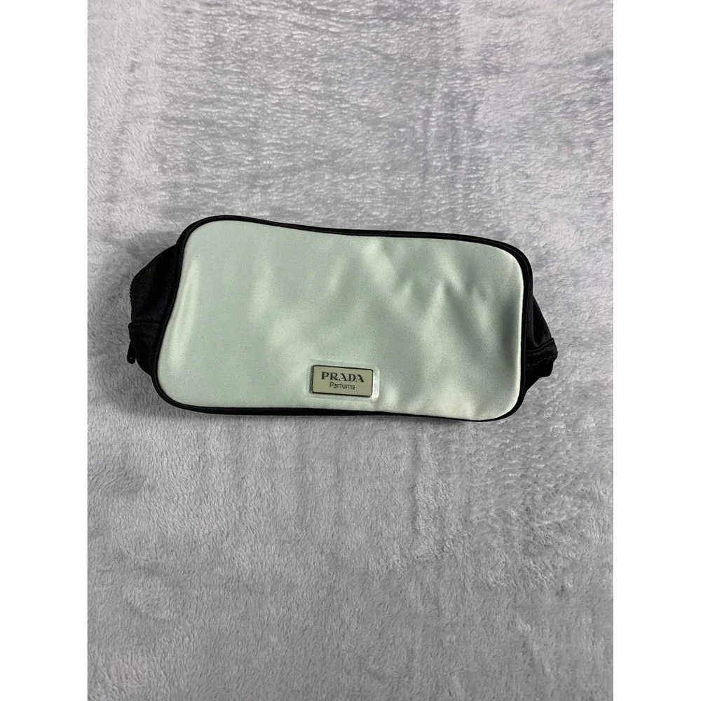 Prada Parfums Makeup Bag Small Mint Green Satin Enameled Logo Plate
